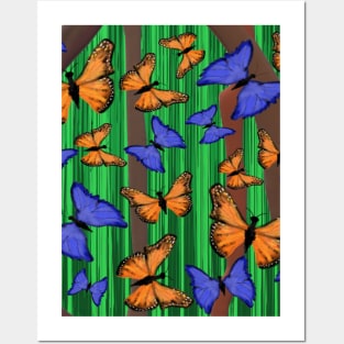 Blue and Orange Butterflies with Abstract Trees and Grass Posters and Art